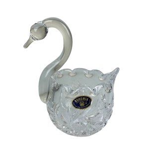 Vintage BOHEMIA Czechoslovakia Hand Cut Lead Crystal Swan Candy Dish Home Decor